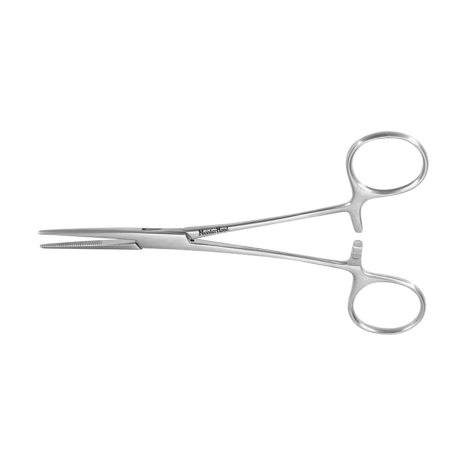 Miltex MeisterHand Kelly Forceps made of stainless steel with curved tips and finger loops, shown on a white background.