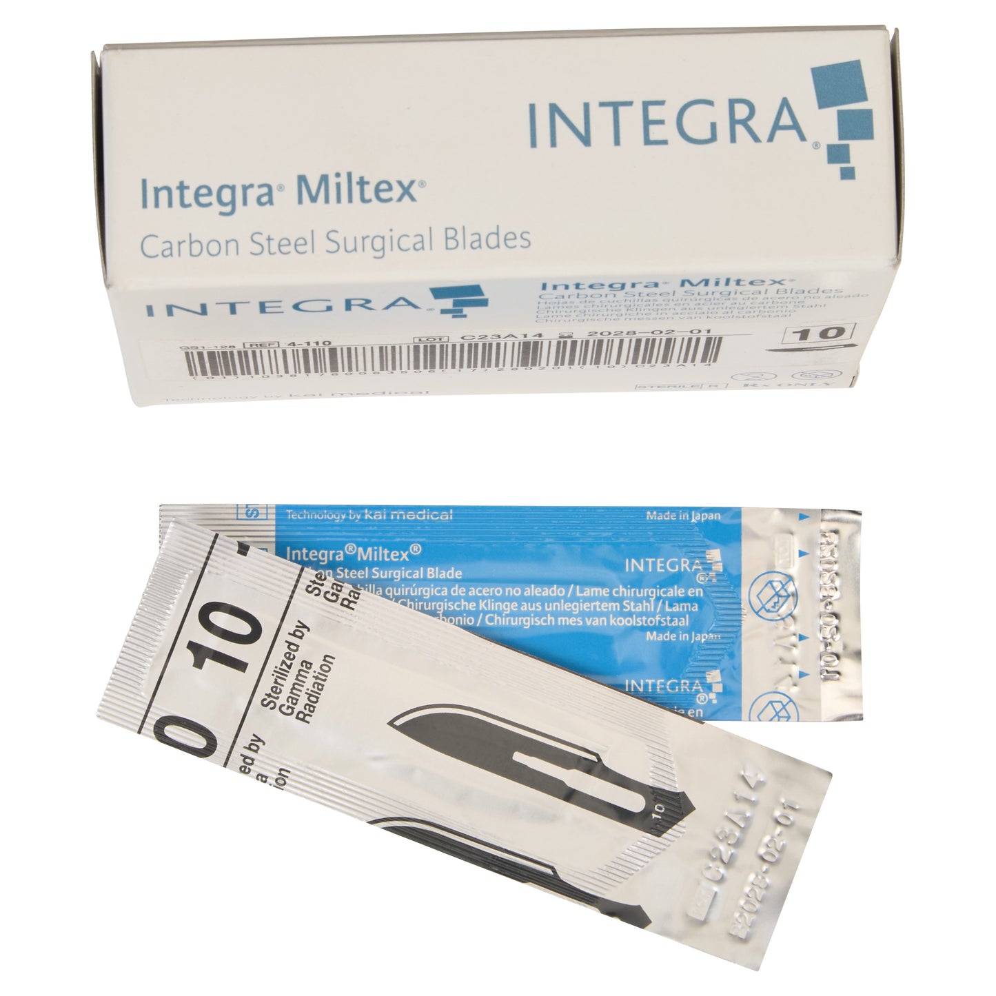 Box and packaging of Miltex Carbon Steel Surgical Blades, featuring the Integra branding and a visible blade illustration.