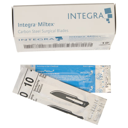 Box and packaging of Miltex Carbon Steel Surgical Blades, featuring the Integra branding and a visible blade illustration.