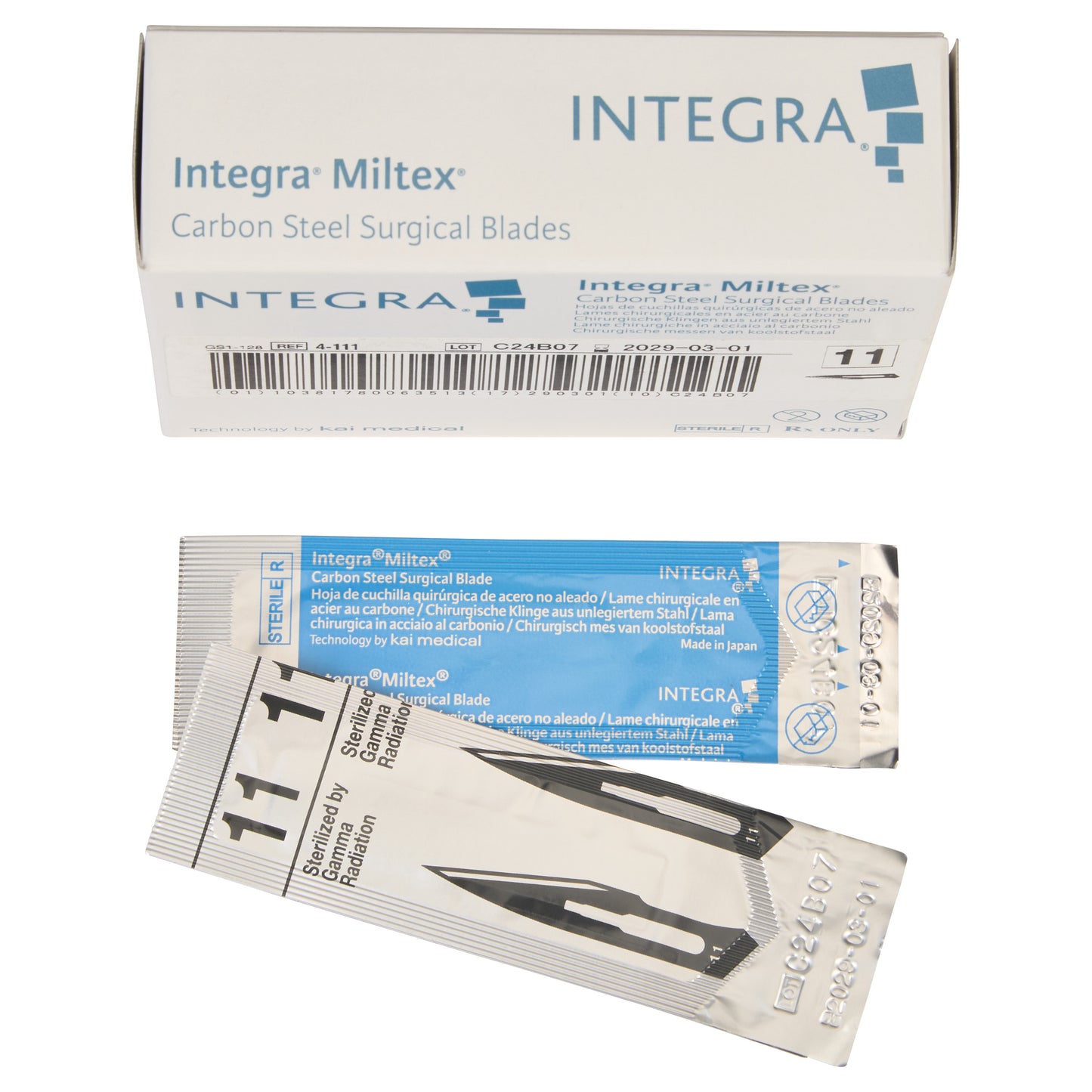 Box and two wrapped Integra Miltex Carbon Steel Surgical Blades, size 11, in sterile packaging.