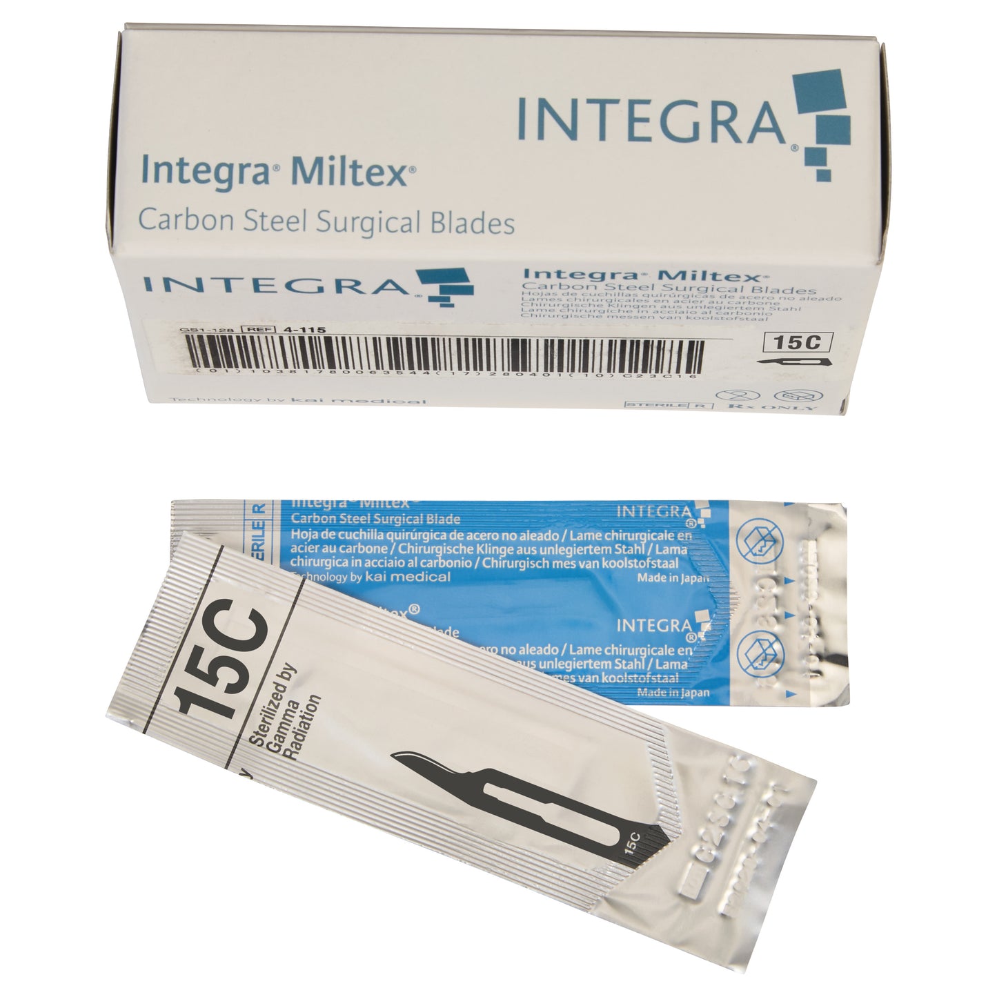 Box and packaging of Integra Miltex Carbon Steel Surgical Blades, marked 15C, sterilized by gamma radiation.