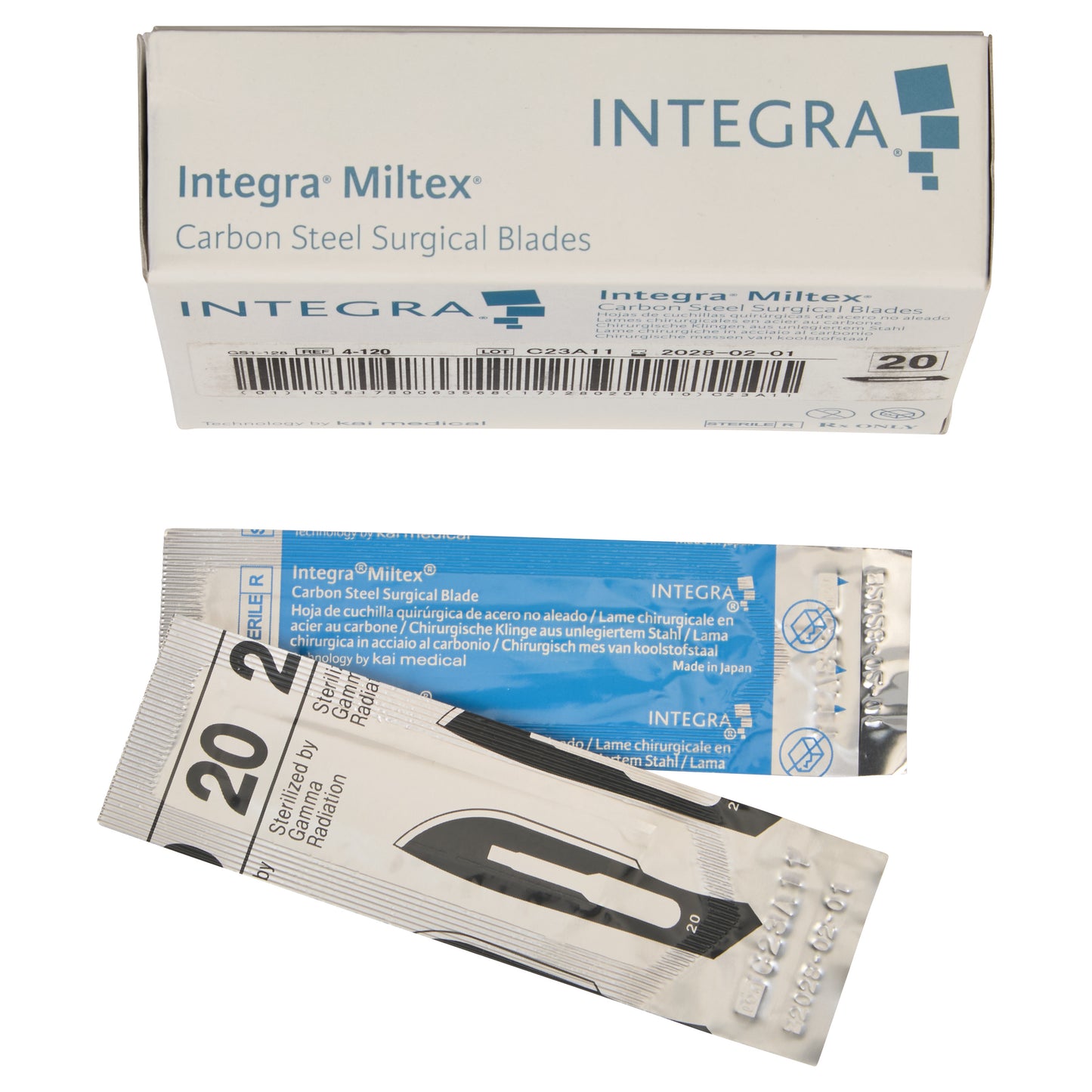 Box and individually wrapped Miltex Carbon Steel Surgical Blades, size 20, sterilized by gamma radiation.