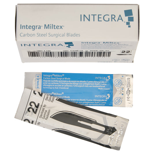 Box and packaging of Miltex Carbon Steel Blade, size 22, sterile by gamma radiation, with one visible surgical blade.
