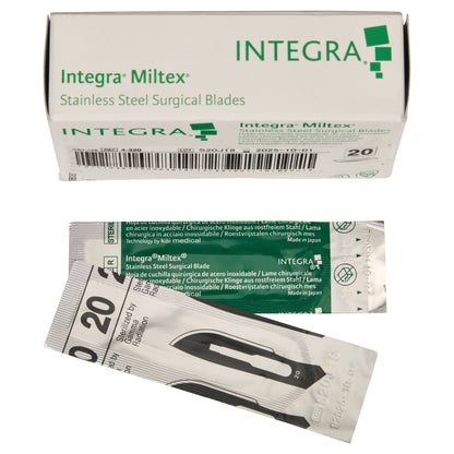 Box and packaging of Integra Miltex Stainless Steel Surgical Blades, size 20, showing sterile sealed individual blade packs.