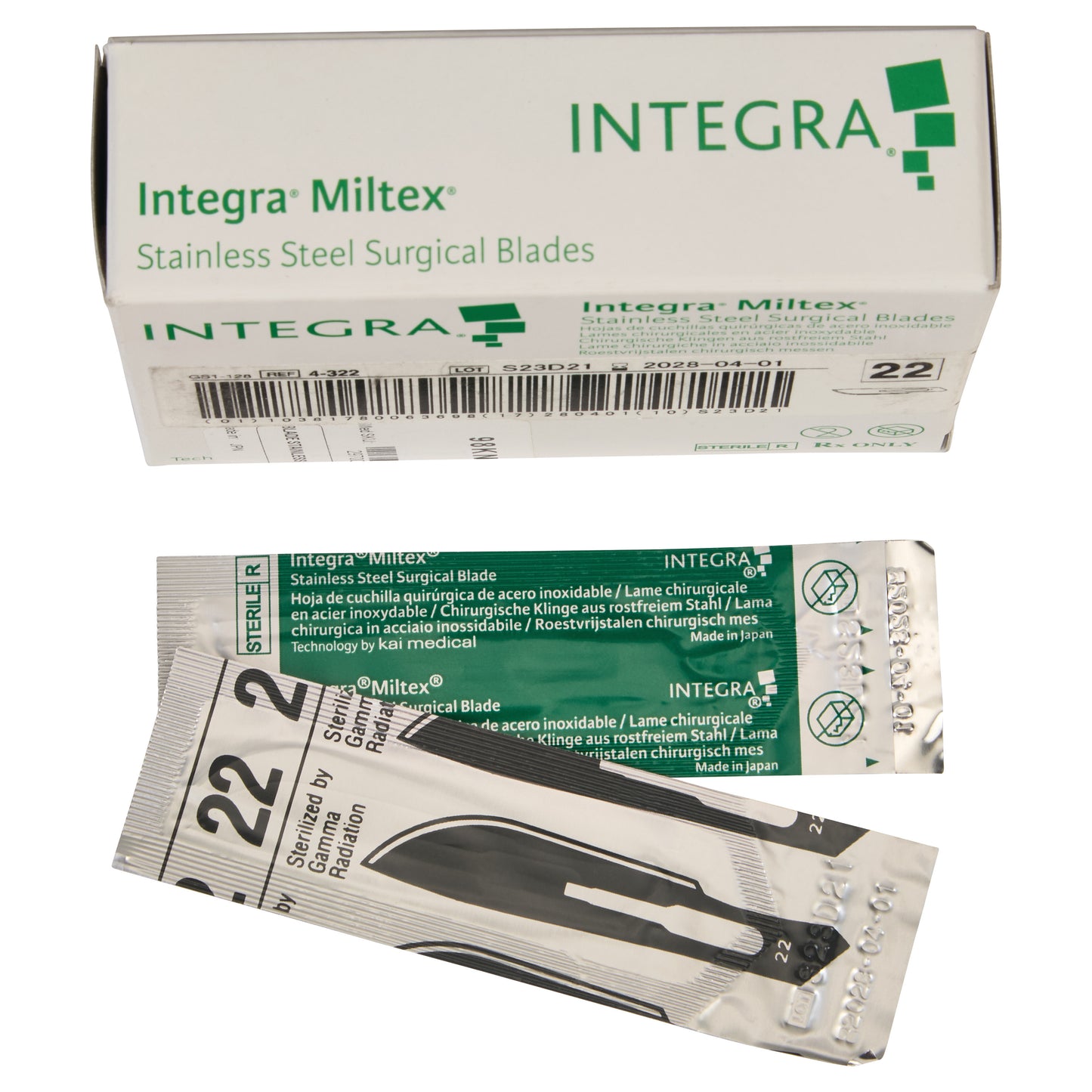Box of Miltex Stainless Steel Surgical Blades, size 22, with individual blade packaging shown below.