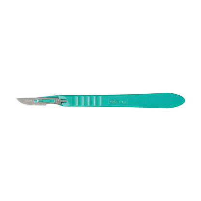Miltex Disposable Scalpel with a teal handle and a metal blade, designed for medical use.