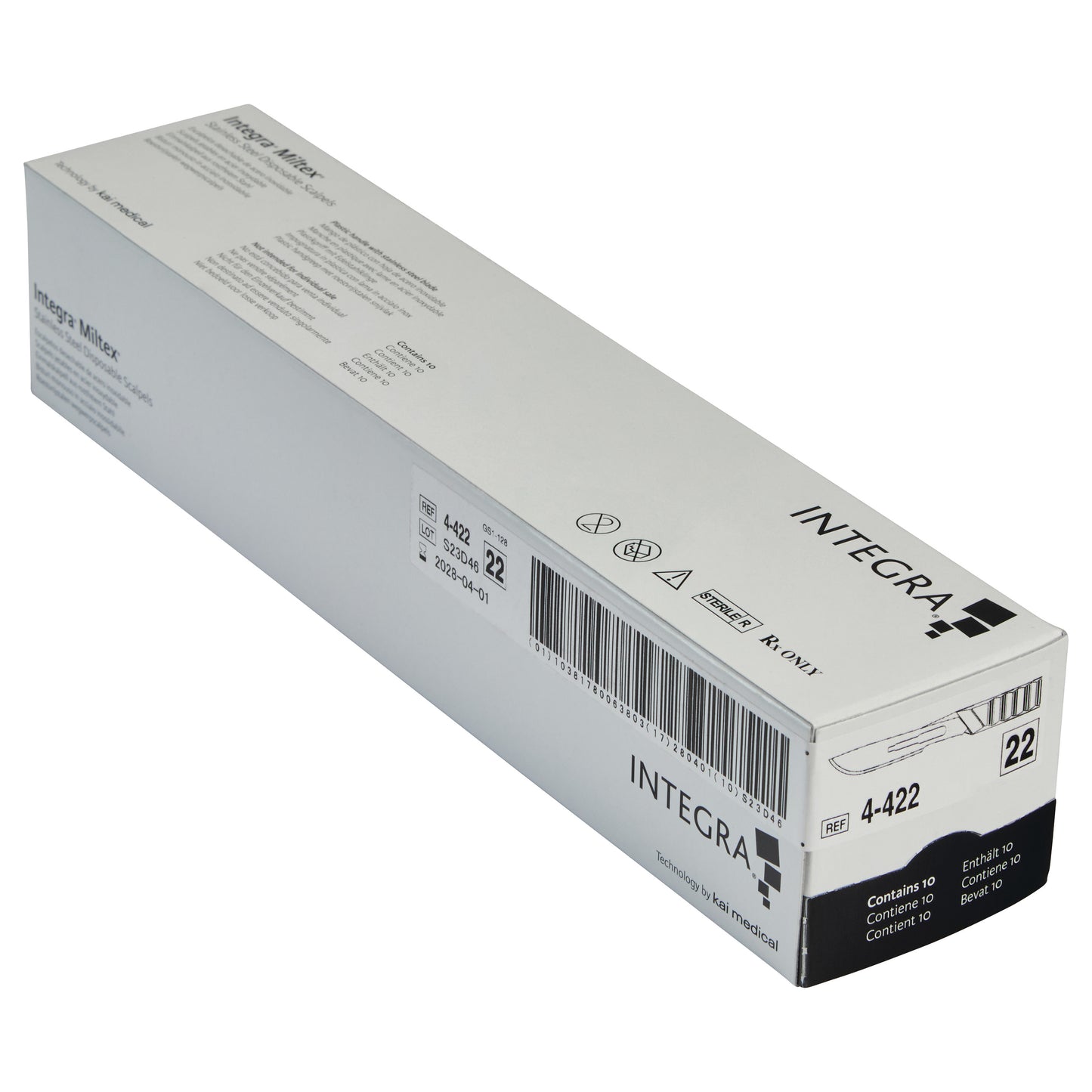 Box packaging of Miltex Disposable Scalpel by Integra, labeled "4-422," with product details and barcode visible.