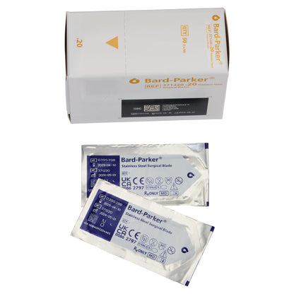 Box and two packages of Bard-Parker Stainless Steel Scalpel Blade, labeled with specifications and regulatory symbols.