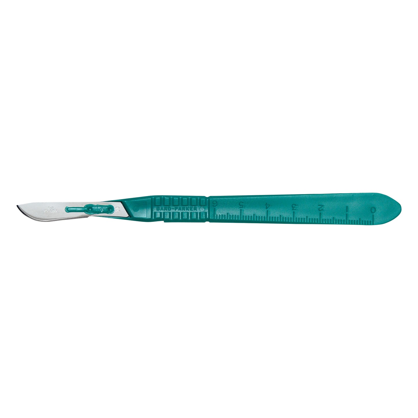 A Bard-Parker Stainless Steel Scalpel Blade with a green plastic handle and blade marked with measurements, viewed from the side.