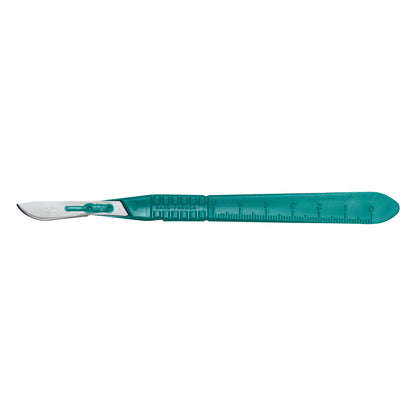 A Bard-Parker Stainless Steel Scalpel Blade with a green plastic handle and blade marked with measurements, viewed from the side.