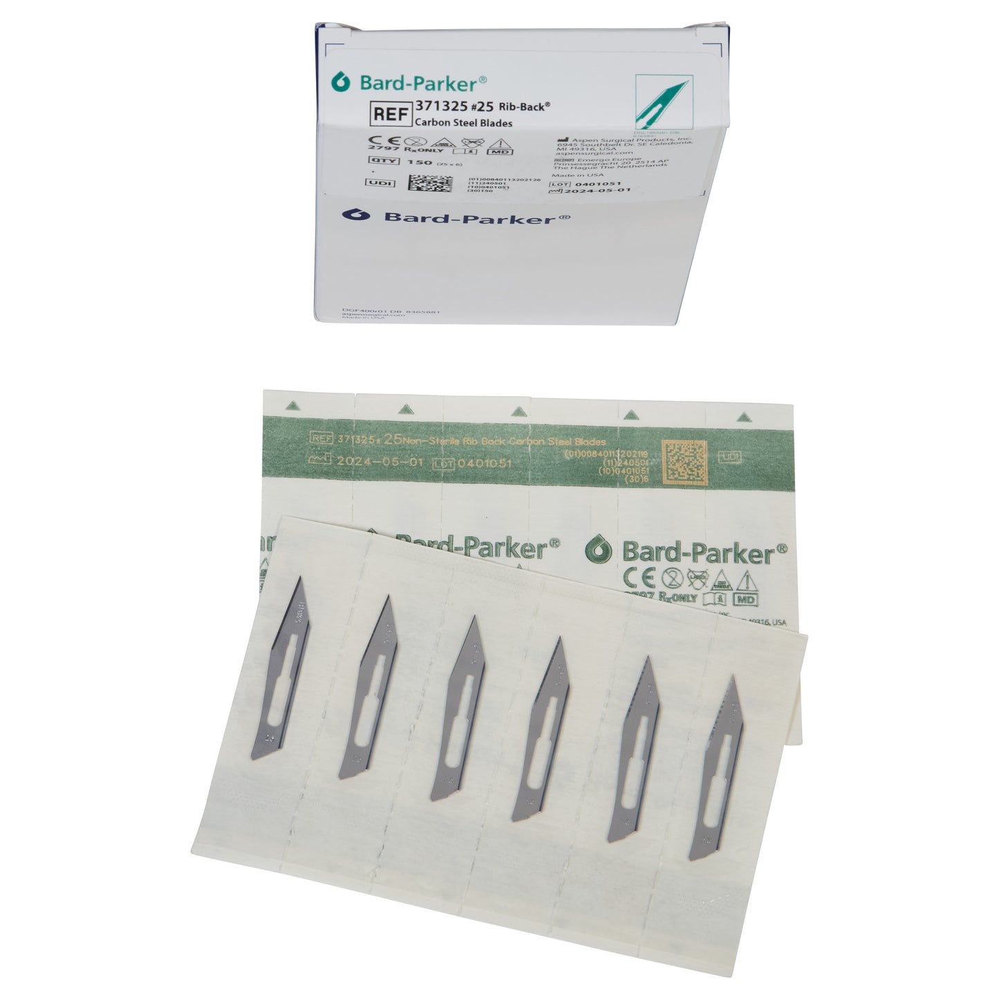 Package of Bard-Parker Carbon Steel Rib-Back Blades with visible opened blister pack showing five individual blades.