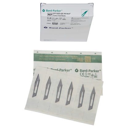 Package of Bard-Parker Carbon Steel Rib-Back Blades with visible opened blister pack showing five individual blades.