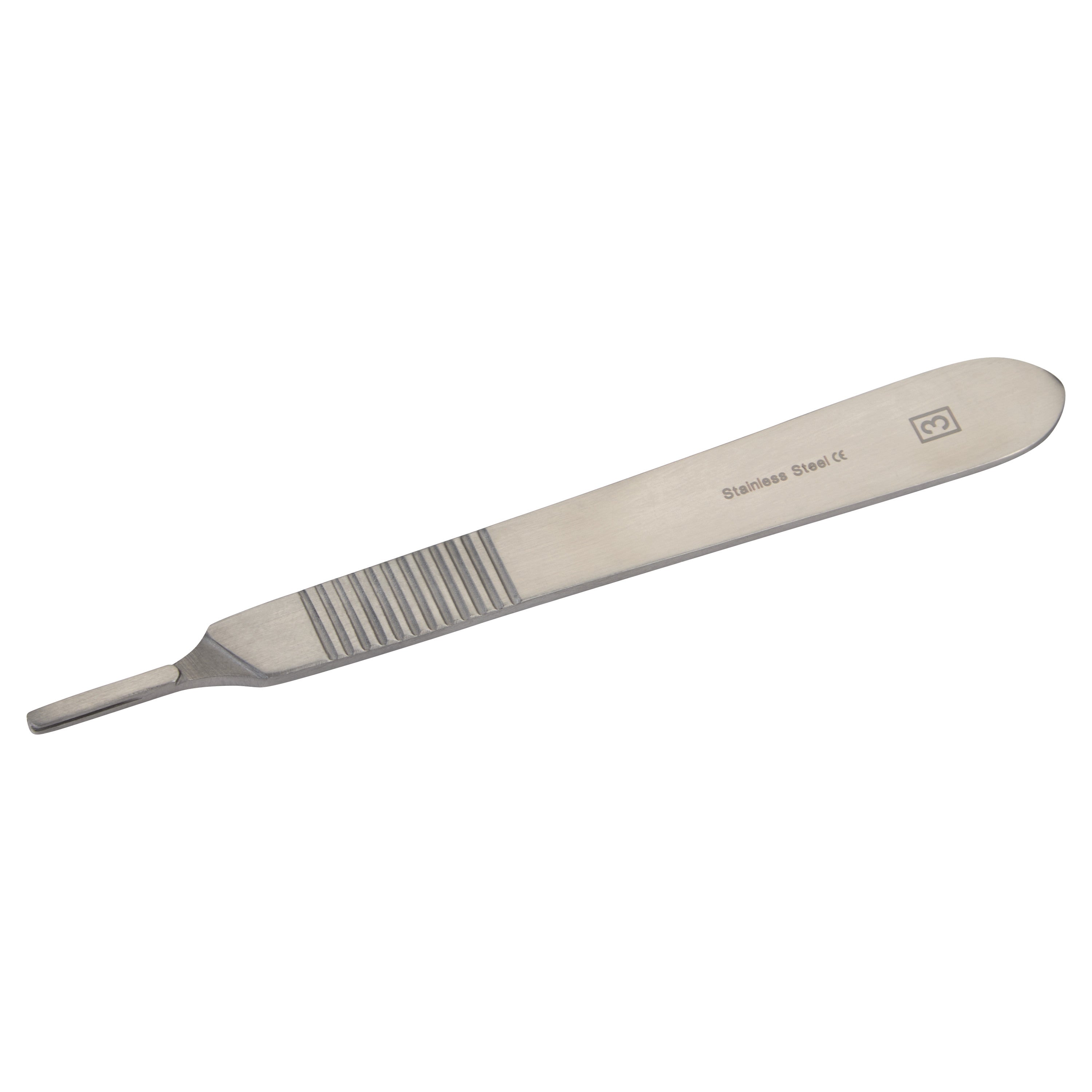 A stainless steel Scalpel Blade Handle with text "Stainless Steel" and "3" on it. The handle has a ribbed grip section.