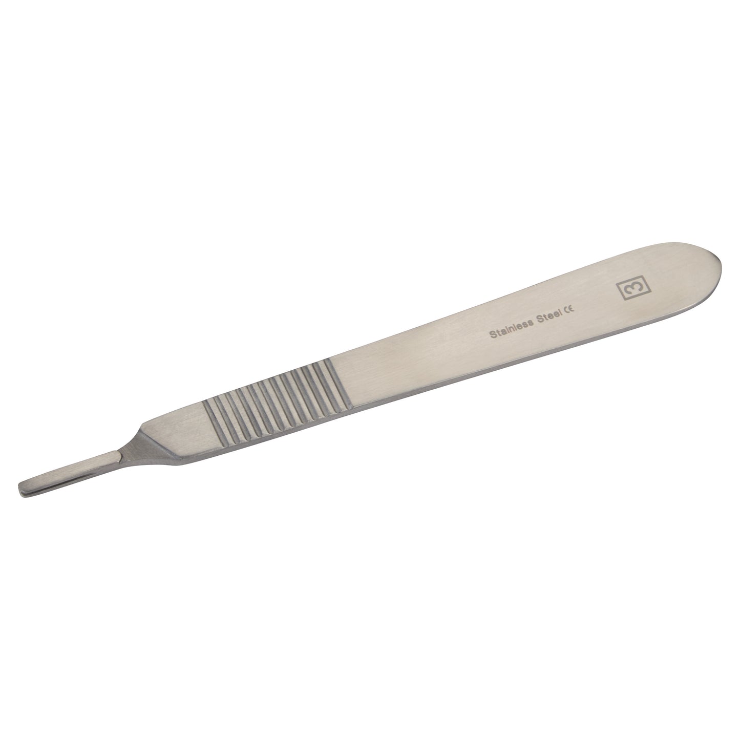 A stainless steel Scalpel Blade Handle with text "Stainless Steel" and "3" on it. The handle has a ribbed grip section.