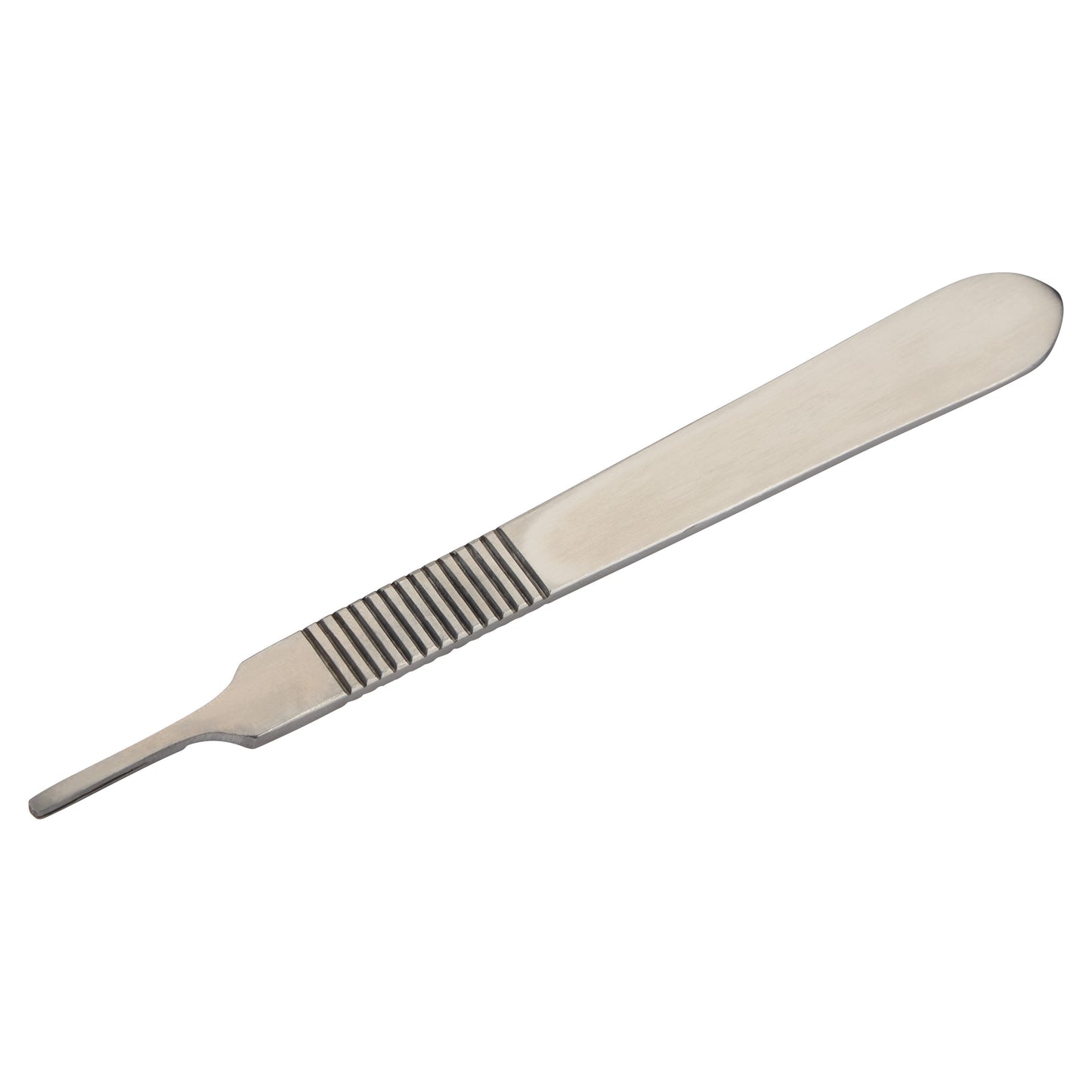 A metal Scalpel Blade Handle with a ribbed grip and a slot for attaching blades on a white background.