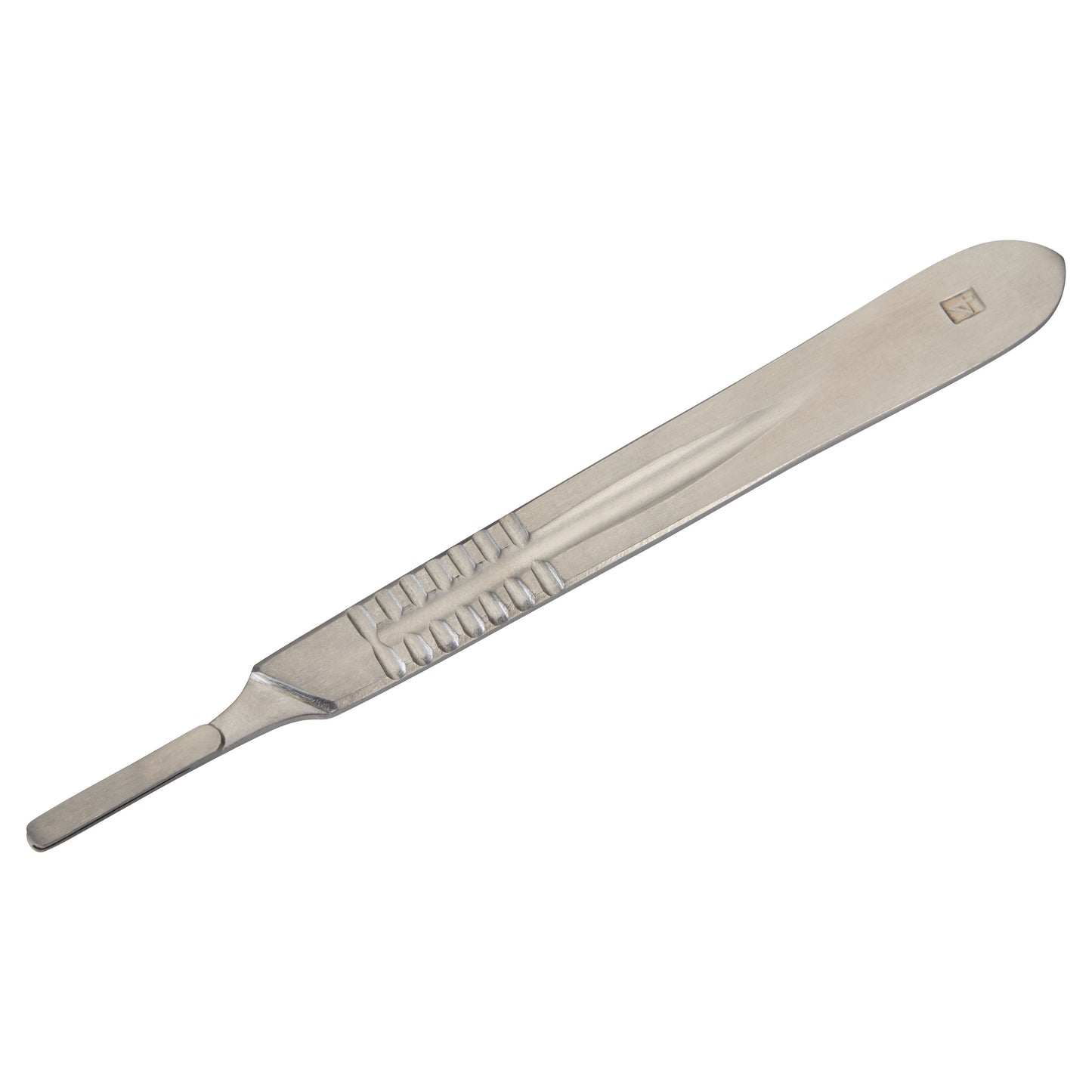 A metallic Scalpel Blade Handle with a textured grip and a flat end for attaching blades, placed on a white background.