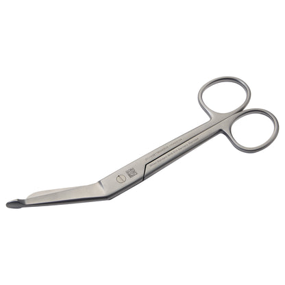 Miltex Lister Bandage Scissors with angled blades and rounded tip, featuring finger holes and engraving on the handle.