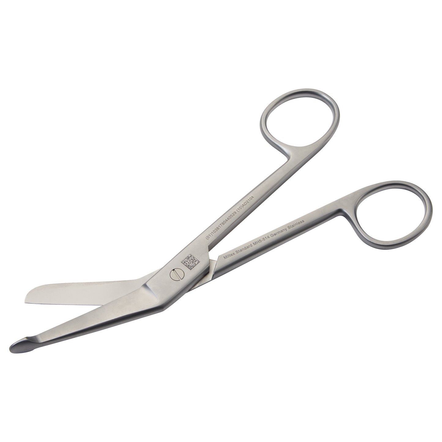 Miltex Lister Bandage Scissors featuring angled, blunt-ended blades and stainless steel finger loops, suitable for medical use.