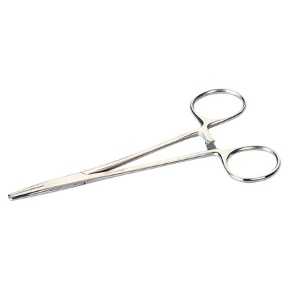 A metal Baumgartner Needle Holder with finger loops and serrated jaws is displayed against a white background.
