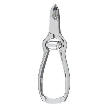 Concave Jaw Nail Nippers with a chrome finish are shown closed, featuring curved blades and ergonomic handles.