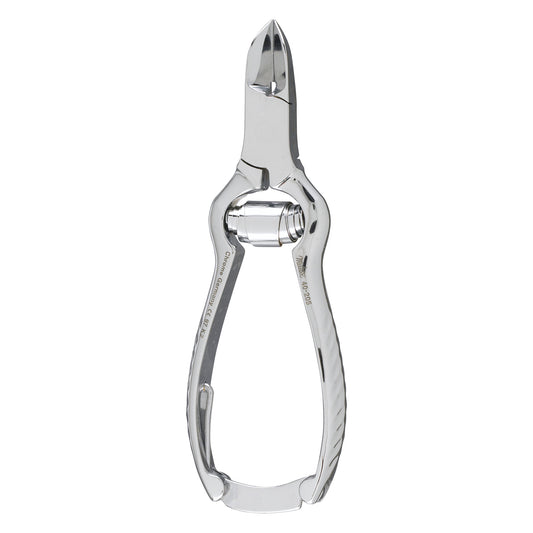 Concave Jaw Nail Nippers with a chrome finish are shown closed, featuring curved blades and ergonomic handles.