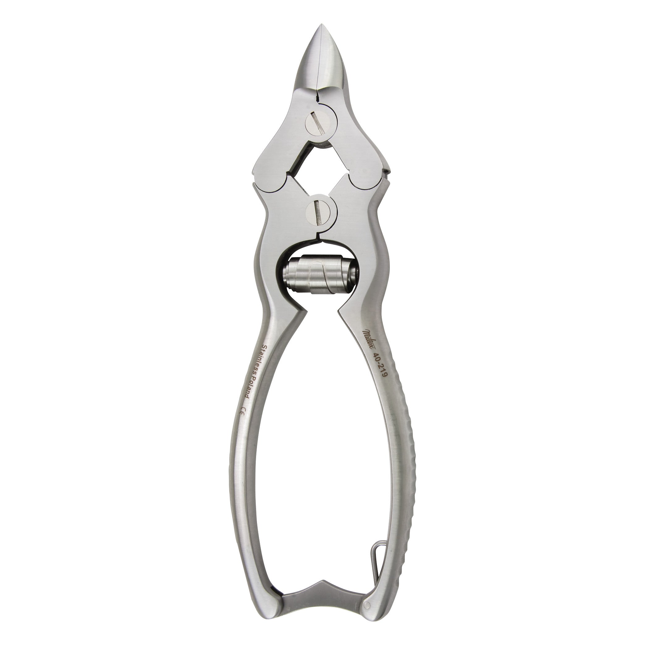 Miltex Double-Spring Nail Nippers with a curved, ergonomic design and sharp, pointed tips for precise cutting.