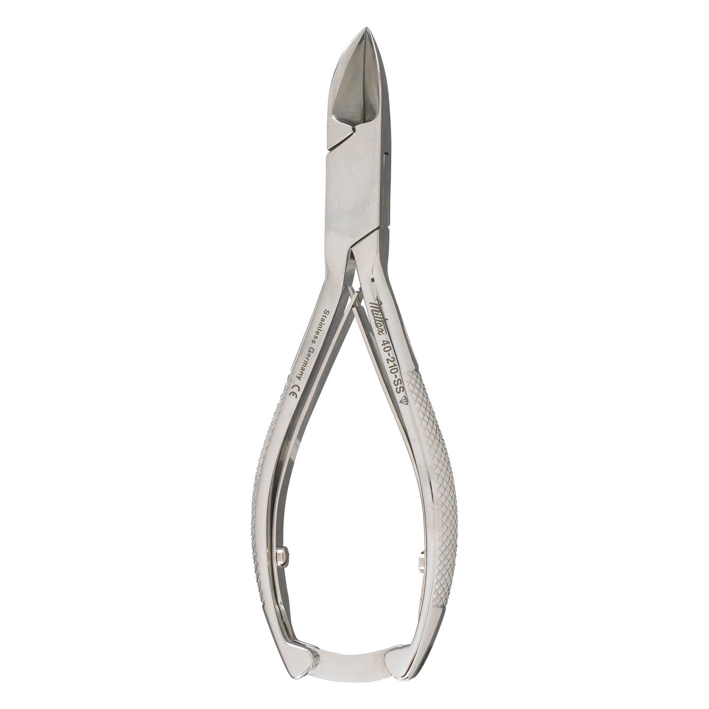 Double-Spring Concave Jaw Nail Nippers with textured handles and shiny metal finish, designed for precision nail care.