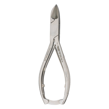 Double-Spring Concave Jaw Nail Nippers with textured handles and shiny metal finish, designed for precision nail care.