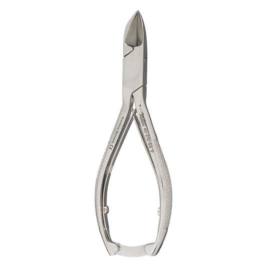 Double-Spring Concave Jaw Nail Nippers with textured handles and shiny metal finish, designed for precision nail care.