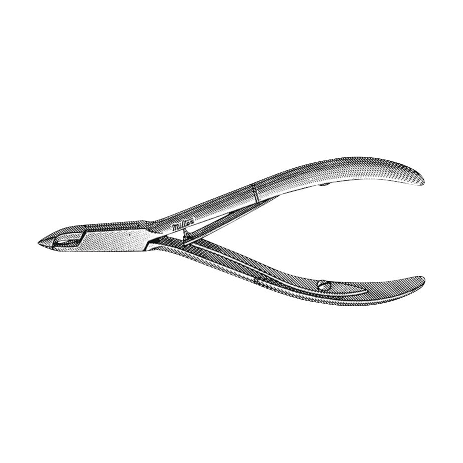 Miltex Tissue and Cuticle Nippers with curved handles and sharp, pointed blades, used for cutting cuticles or tissue.