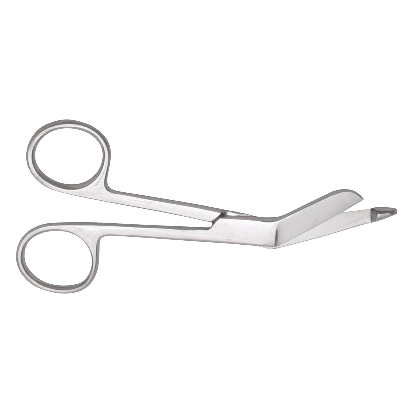 A silver pair of Lister Bandage Scissors with angled blades and finger loops is shown against a white background.