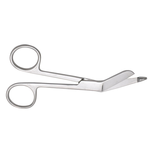 A silver pair of Lister Bandage Scissors with angled blades and finger loops is shown against a white background.