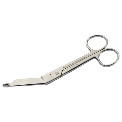 Miltex Lister Bandage Scissors with a curved design and blunt end for safely cutting bandages. Made of stainless steel.