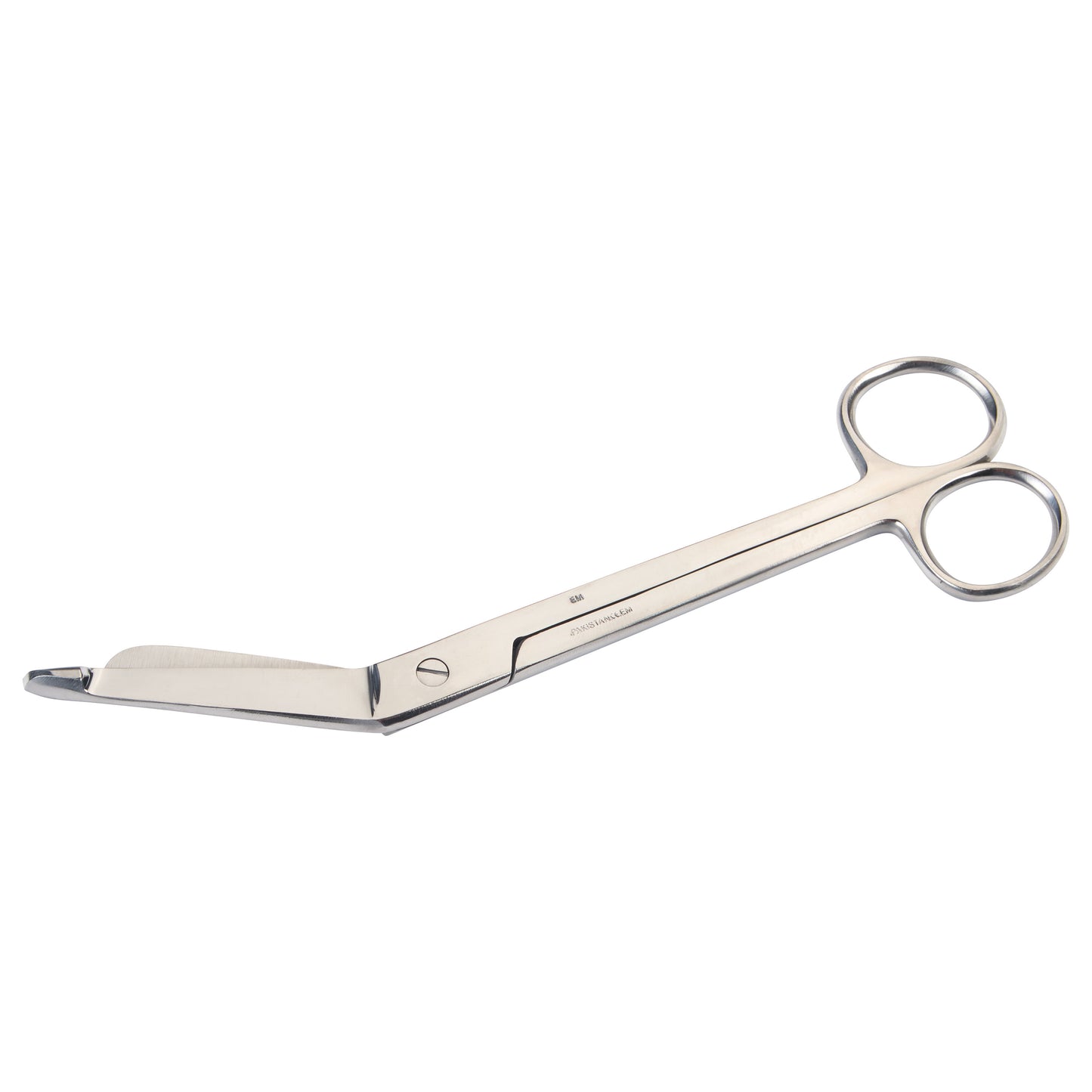 Silver Lister Bandage Scissors with angled blades and large finger rings on a white background.