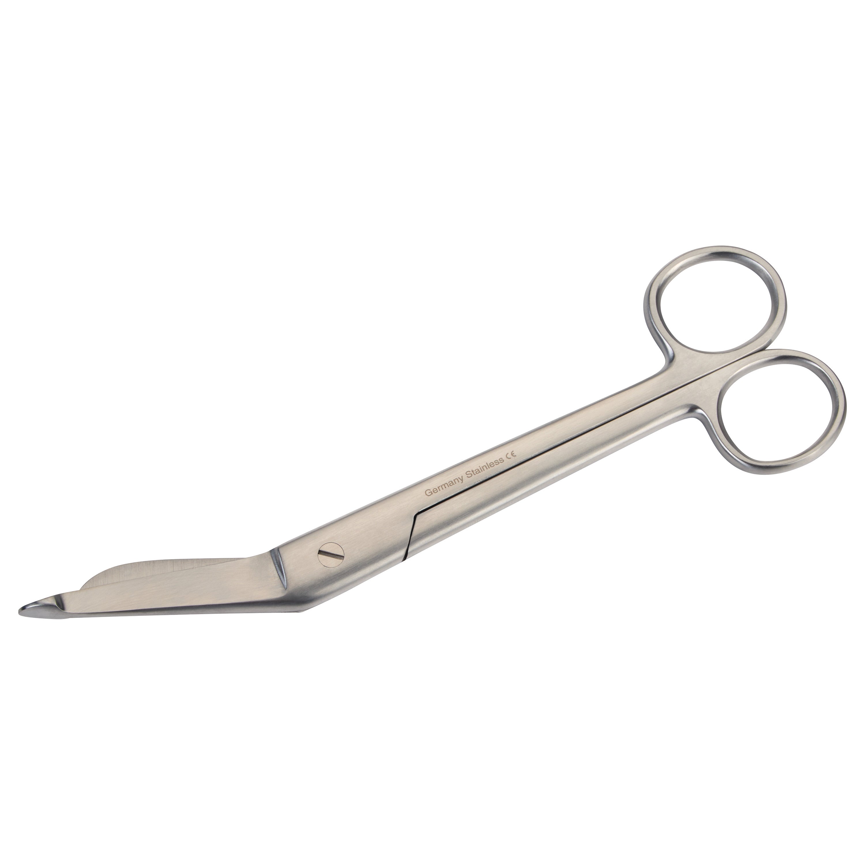 Lister Bandage Scissors made of stainless steel, featuring angled blades with a blunt tip and circular finger loops.