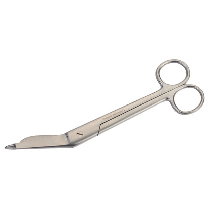 Lister Bandage Scissors made of stainless steel, featuring angled blades with a blunt tip and circular finger loops.
