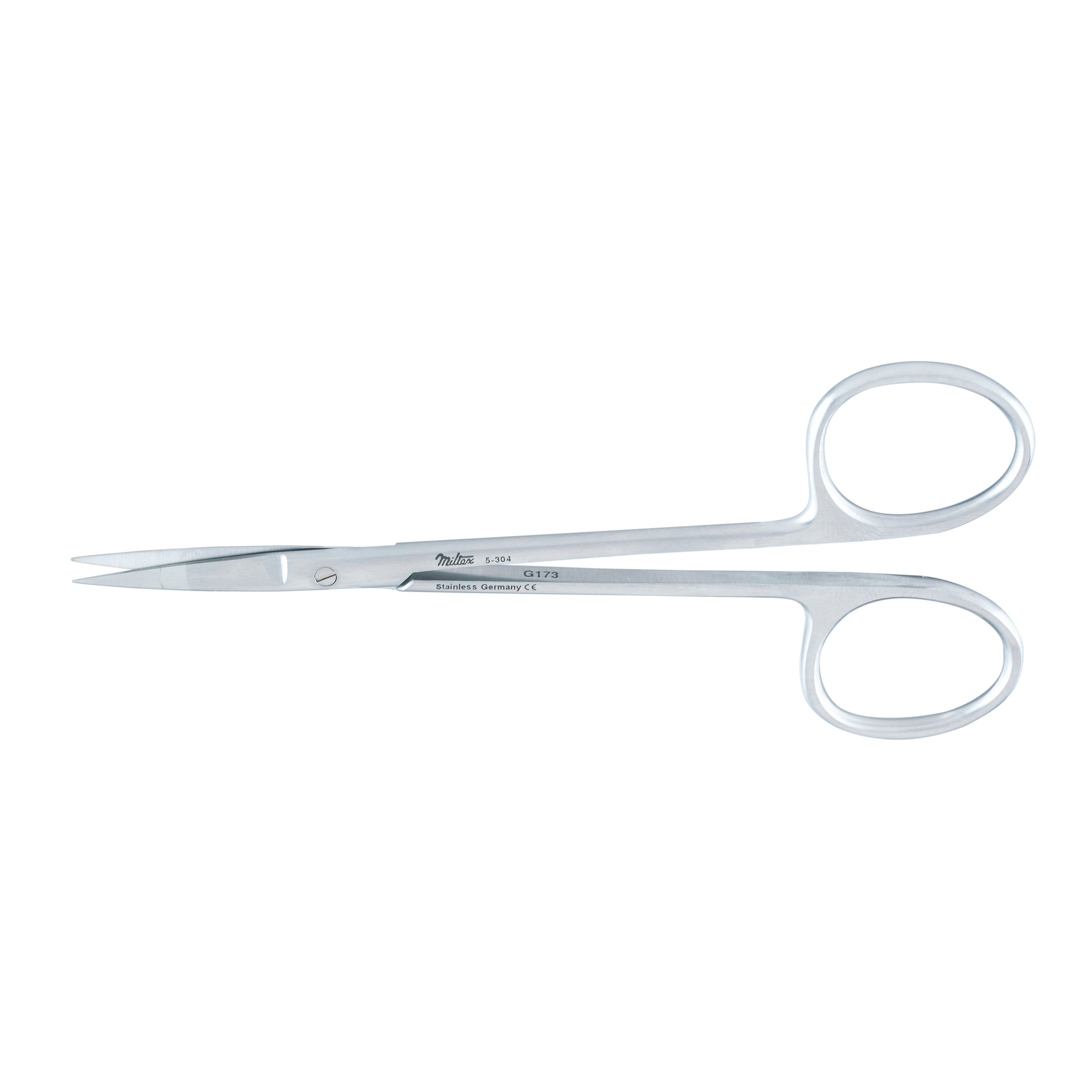 Miltex Iris Scissors with sharp, pointed blades and finger loops, made of stainless steel, are shown against a white background.