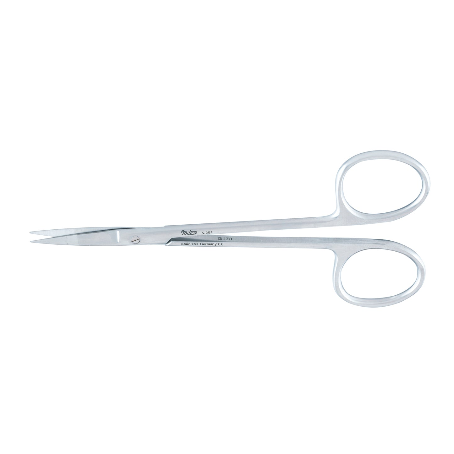 Miltex Iris Scissors with sharp, pointed blades and finger loops, made of stainless steel, are shown against a white background.