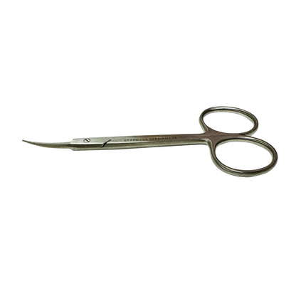 Standard Pattern Iris Scissors with curved, pointed stainless steel blades and two finger rings on a white background.