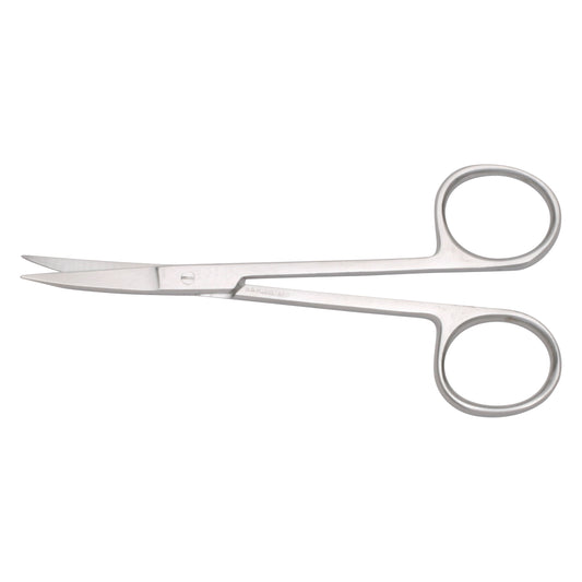 Stainless steel Standard Pattern Iris Scissors with curved blades and looped handles, used for precision cutting.