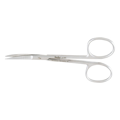 Miltex Iris Scissors feature curved stainless steel blades and finger loops, designed for precise surgical or medical use.