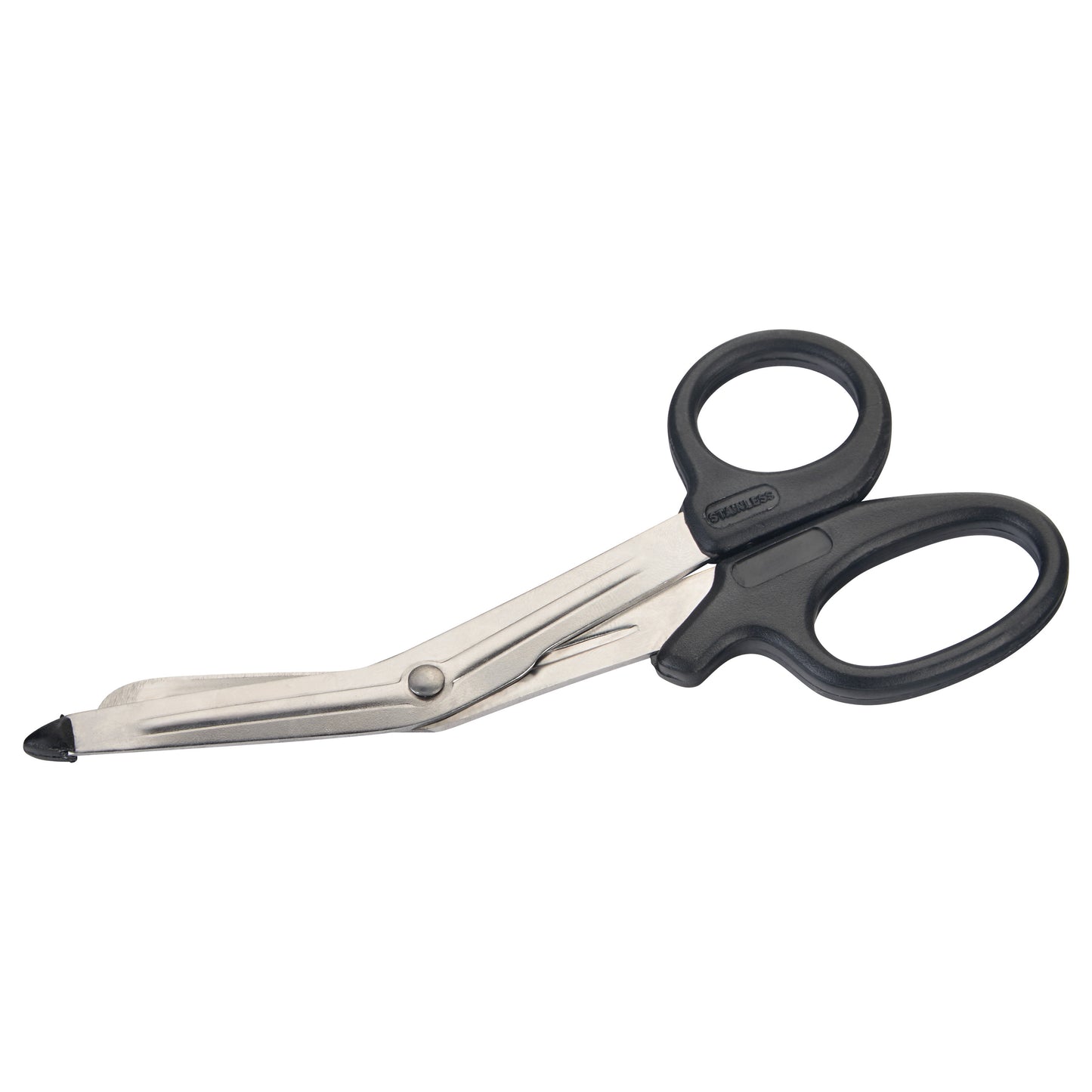 All-Purpose Utility Scissors with black handles and angled stainless steel blades on a white background.