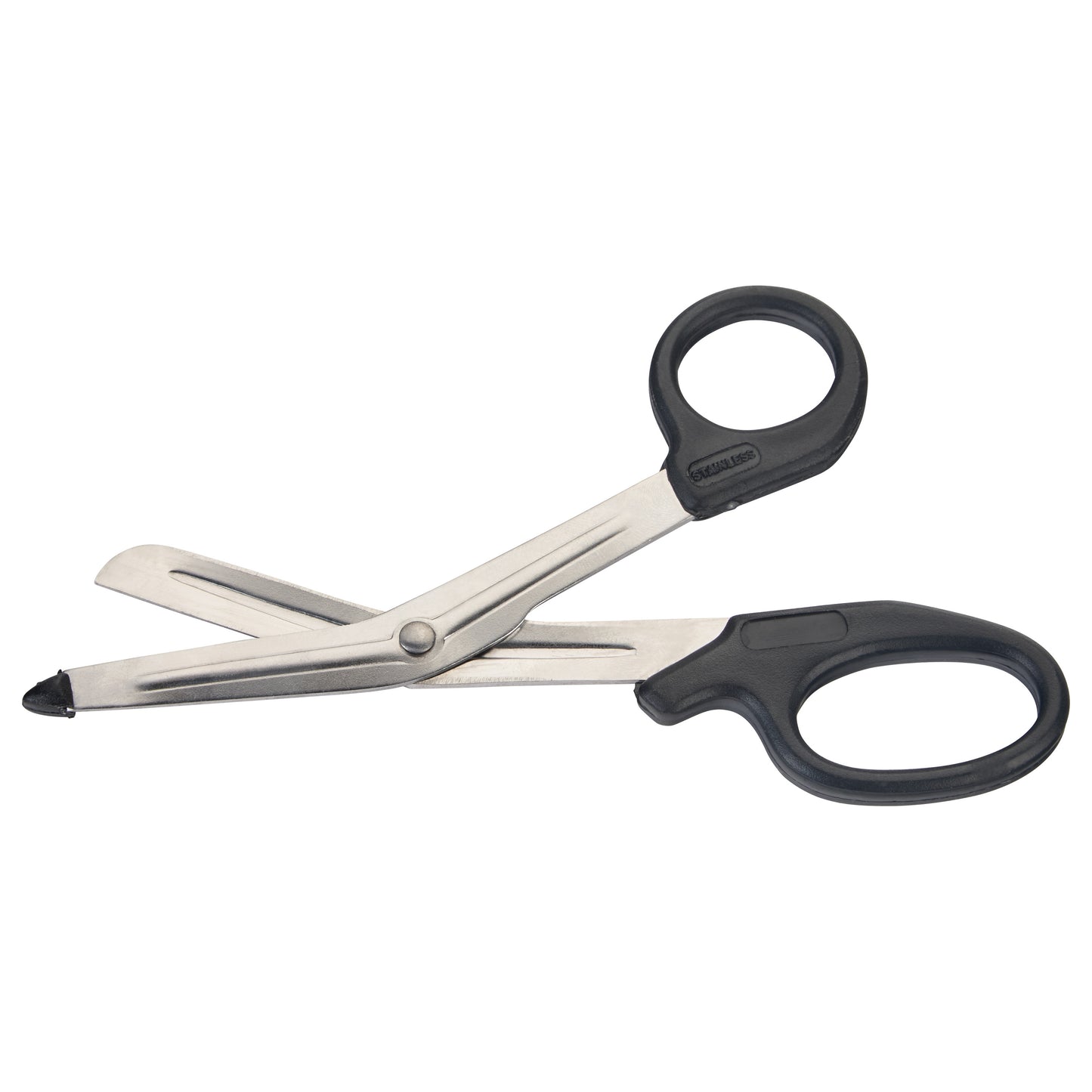 All-Purpose Utility Scissors with black handles and stainless steel blades, featuring a rounded tip, are shown open.