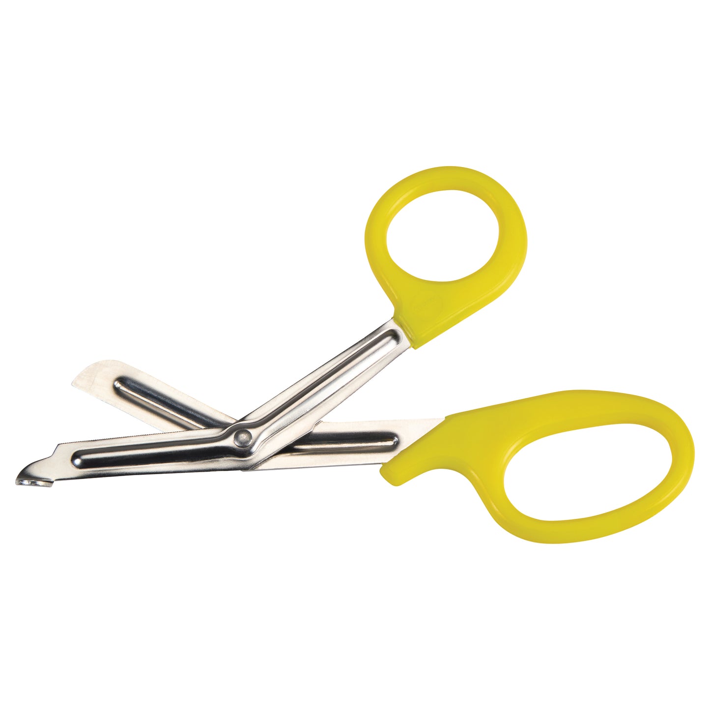 Yellow-handled Miltex All-Purpose Utility Scissors shown open, featuring a stainless steel blade with a blunt tip.