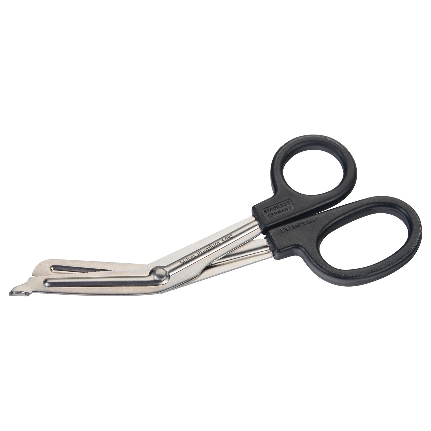 Miltex Universal Bandage Scissors have black handles and angled stainless steel blades with a blunt tip for safety.