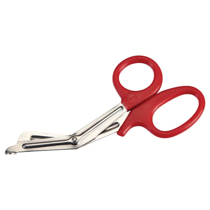 Red-handled Miltex All-Purpose Utility Scissors with angled stainless steel blades, designed for versatile cutting tasks.