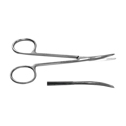 Metzenbaum Scissors with curved blades are shown, featuring metal finger rings and a sleek design for surgical use.