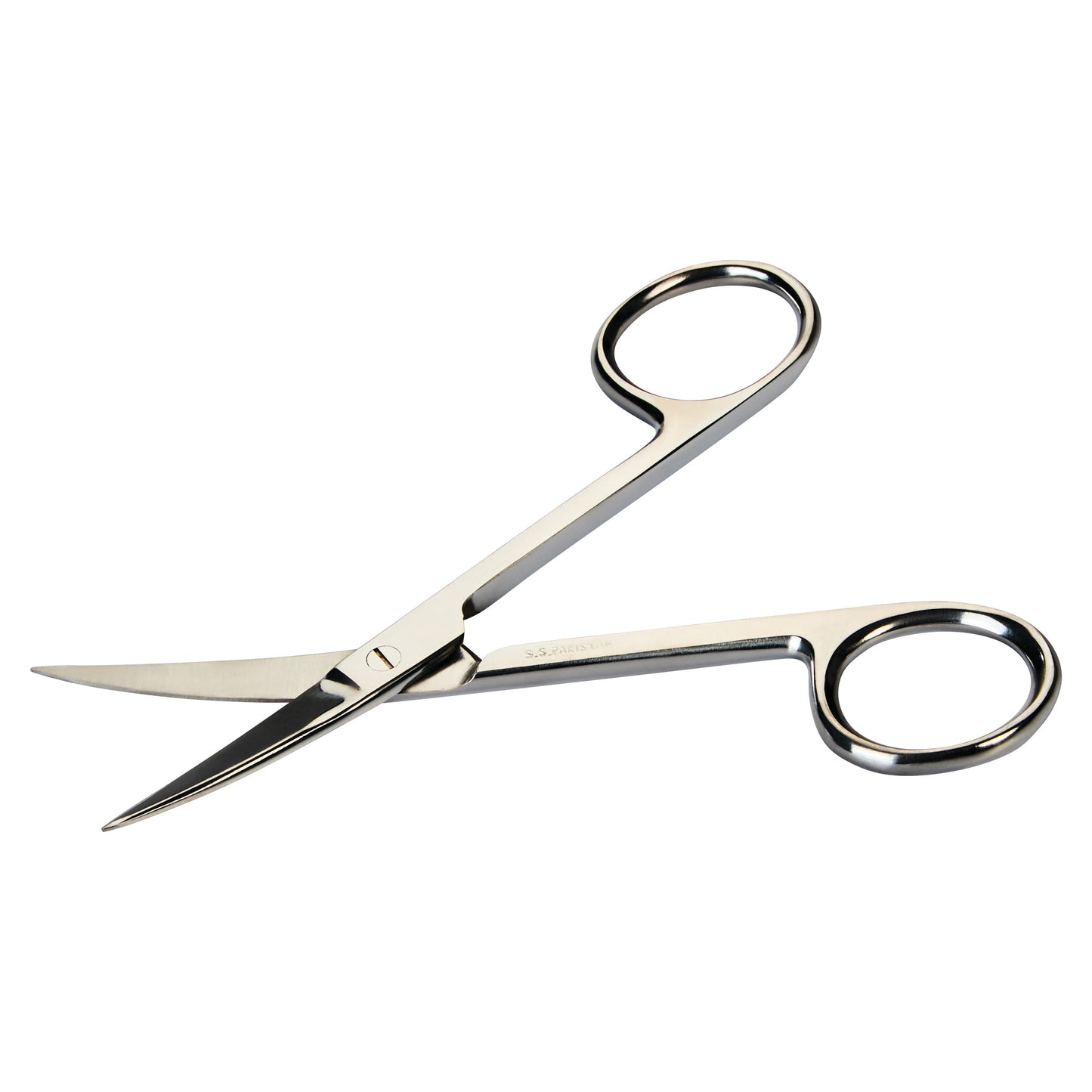 Operating Scissors with curved blades and round loop handles are displayed against a white background.