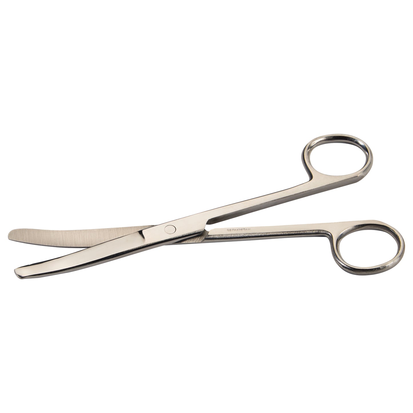Silver metal operating scissors with curved blades and finger loops.