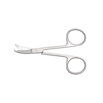 Shortbent Stitch Scissors with curved blades and finger loops, designed for cutting stitches in medical procedures.